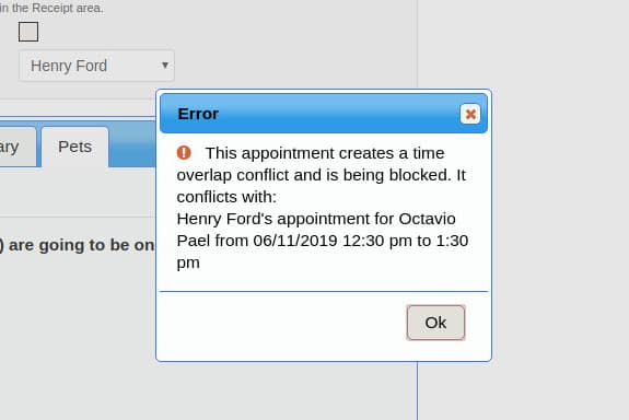 Time overlap conflict blocked warning.