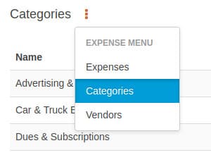 Expense categories sub menu option