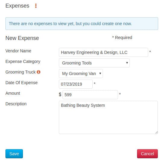 New pet grooming expense example.