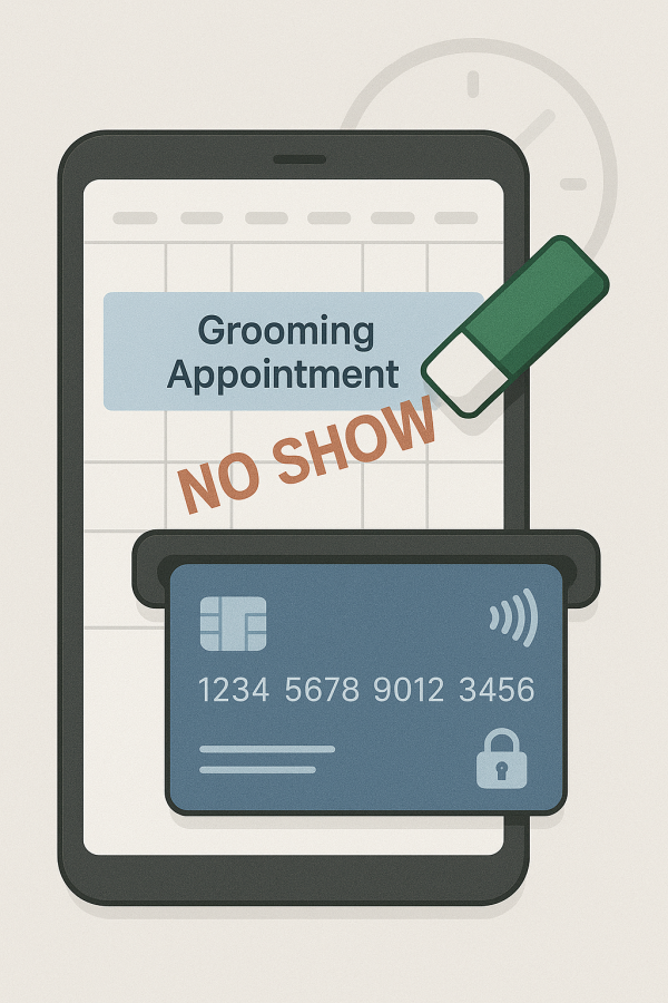 Reduce No-Shows and Late Cancellations with Deposits and Card-on-File Policies Illustration of a digital grooming calendar on a smartphone with an appointment highlighted, a fading “No Show” stamp, and a secure credit card-on-file with lock icon.