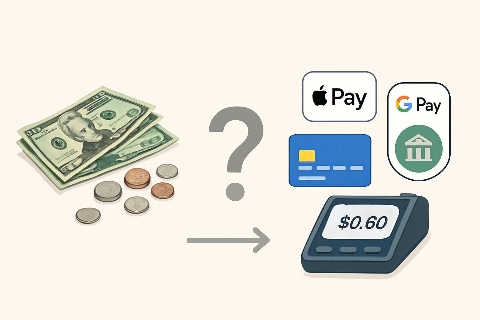 Conceptual image contrasting cash payments with digital payments, showing a small pile of bills and coins on the left and icons for credit cards, Apple Pay, and Google Pay on the right, with a question mark in between.